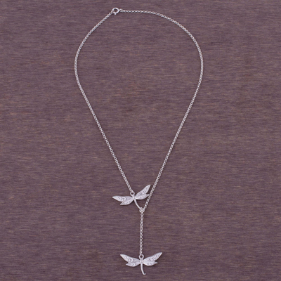 Sterling silver Y-necklace, 'Chasing Dragonflies' - Sterling Silver Dragonfly Y-Necklace from Peru