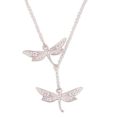 Sterling silver Y-necklace, 'Chasing Dragonflies' - Sterling Silver Dragonfly Y-Necklace from Peru