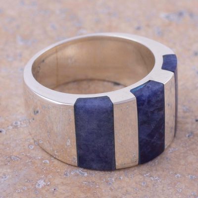 Sodalite band ring, 'Courageous Color' - Handcrafted Andean Silver Modern Sodalite Ring