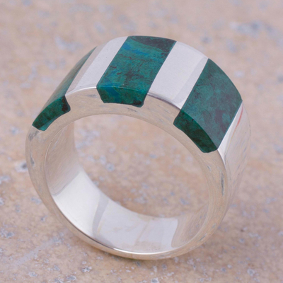 Anillo de banda de crisocola - Moderno anillo artesanal de plata andina con crisocola.