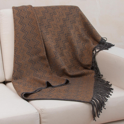 Throw blanket, 'Diamond Embrace' - Throw Blanket with Diamond Motifs in Slate and Spice