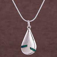 Chrysocolla and Sterling Silver Pendant Necklace from Peru,'Sleek Drop'