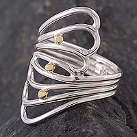 Gold accent sterling silver cocktail ring, 'Lyrical Queen'