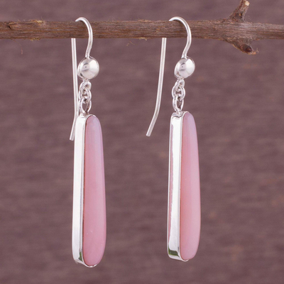 Opal dangle earrings, 'Beacons of Light' - Andean Silver Handcrafted Earrings with Natural Pink Opal