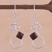Mahogany obsidian dangle earrings, 'Sinuous Song' - Modern Artisan Crafted Silver and Mahogany Obsidian Earrings