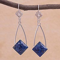 Lapis lazuli dangle earrings, 'Pacific Diamond' - Modern Artisan Crafted Lapis Lazuli and Silver 925 Earrings