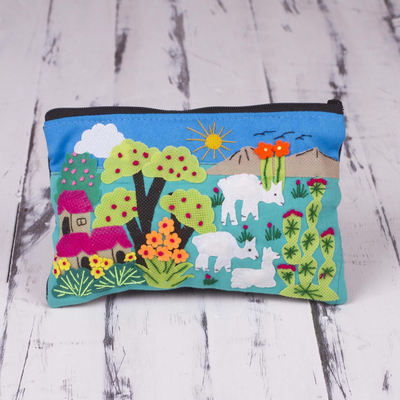 Cotton blend cosmetic case, 'Blue Alpaca Afternoon' - Patchwork Fair Trade Cosmetic Case with Peruvian Landscape