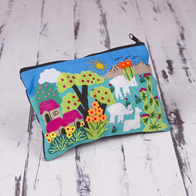 Cotton blend cosmetic case, 'Blue Alpaca Afternoon' - Patchwork Fair Trade Cosmetic Case with Peruvian Landscape