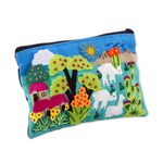 Cotton blend cosmetic case, 'Blue Alpaca Afternoon' - Patchwork Fair Trade Cosmetic Case with Peruvian Landscape