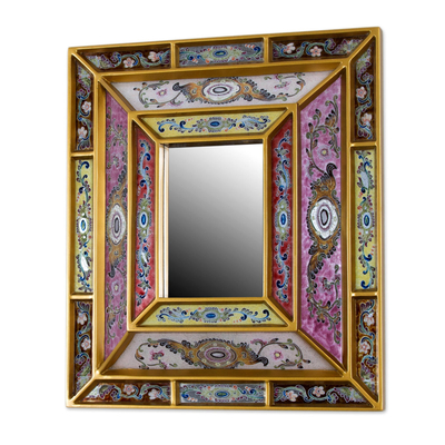 Reverse painted glass wall mirror, 'Florid Majesty' - Reverse Painted Glass Mirror with Floral Motifs from Peru