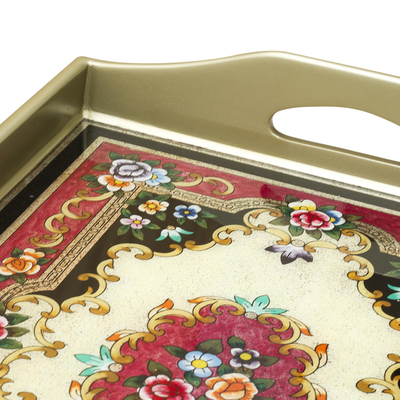 Reverse painted glass tray, 'Heavenly Bouquet in Silver' - Reverse Painted Glass Tray in Silver from Peru