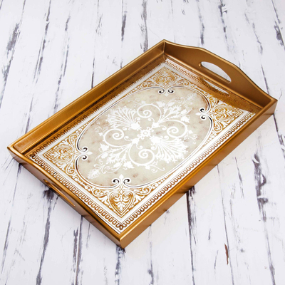 Reverse painted glass tray, 'Floral Marvel in Gold' - Reverse Painted Glass Tray in Gold from Peru