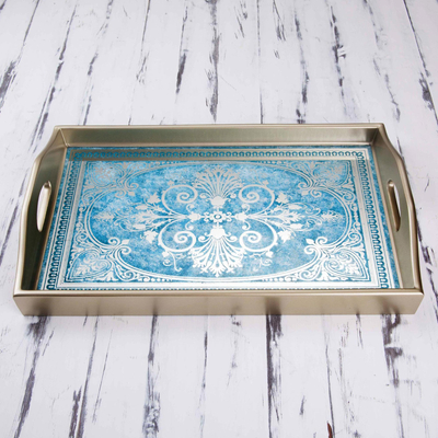 Reverse painted glass tray, 'Floral Marvel in Silver' - Reverse Painted Glass Tray in Blue and Silver from Peru