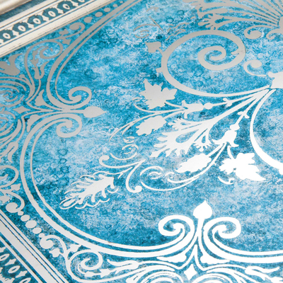 Reverse painted glass tray, 'Floral Marvel in Silver' - Reverse Painted Glass Tray in Blue and Silver from Peru