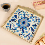 Reverse-painted glass tray, 'Celestial Paradise' - Reverse-Painted Glass Tray with Blue Floral Motifs from Peru