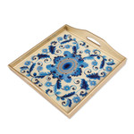 Reverse-painted glass tray, 'Celestial Paradise' - Reverse-Painted Glass Tray with Blue Floral Motifs from Peru