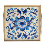 Reverse-painted glass tray, 'Celestial Paradise' - Reverse-Painted Glass Tray with Blue Floral Motifs from Peru