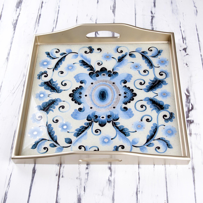 Reverse-painted glass tray, 'Celestial Paradise' - Reverse-Painted Glass Tray with Blue Floral Motifs from Peru