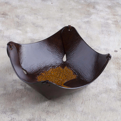Leather catchall, 'Tree of Golden Boughs' - Peruvian Handcrafted Leather Art Tree Theme Catchall