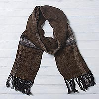 100% alpaca scarf, 'Stoic Stripes' - Handwoven Alpaca Scarf in Caramel and Black from Peru
