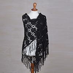 Black Alpaca Shawl Hand Crocheted with Stars and Pinwheels, 'Poinsettias and Pinwheels'