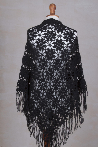 100% alpaca shawl, 'Poinsettias and Pinwheels' - Black Alpaca Shawl Hand Crocheted with Stars and Pinwheels