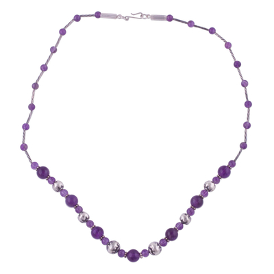 Amethyst beaded necklace, 'Universal Love' - Amethyst and Sterling Silver Beaded Necklace from Peru