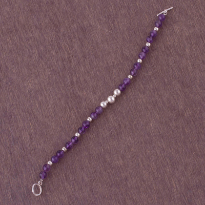Amethyst beaded bracelet, 'Violet Orbs' - Amethyst and Sterling Silver Beaded Bracelet from Peru