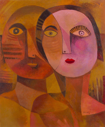 'The Lovers' - Romantic Cubist Style Portrait of a Couple in Love