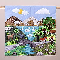 Cotton blend patchwork wall hanging, 'Lakeside Village' - Cotton Blend Patchwork Wall Hanging of Peruvian Scene