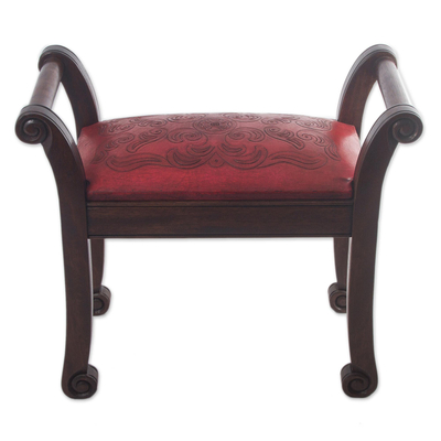 Mohena wood and leather bench, 'Majestic Seat' - Mohena Wood and Red Leather Bench from Peru