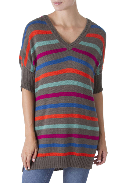 Alpaca blend long tunic sweater, 'Rise Up' - Multi-color Striped Alpaca Blend Long Sweater from Peru