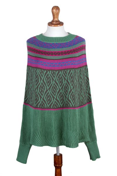 Alpaca blend poncho sweater, 'Jade Leaves' - Fair Trade Alpaca Blend Poncho with Leaf Motif