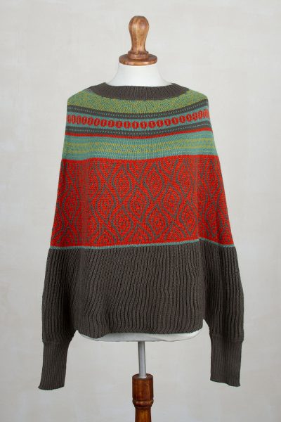 Alpaca blend poncho sweater, 'Vermilion Leaves' - Alpaca Blend Poncho with Lead Grey and Vermilion Patterns