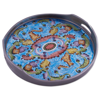 Reverse painted glass tray, 'New Blue Bloom' - Reverse Painted Glass Floral Tray in Blue from Peru