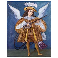 'Harquebusier Angel II' - Peruvian Colonial Style Painting of an Angel in Oils