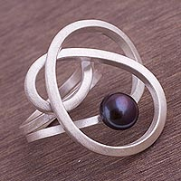 Cultured pearl cocktail ring, 'Dark Amazon Nest' - Abstract Style Sterling Silver Grey Pearl Cocktail Ring