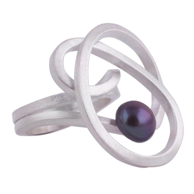 Cultured pearl cocktail ring, 'Dark Amazon Nest' - Abstract Style Sterling Silver Grey Pearl Cocktail Ring
