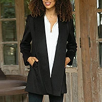 Alpaca blend coat, 'Elegance in Black' - Peruvian Alpaca Wool Blend Open Front Coat in Black