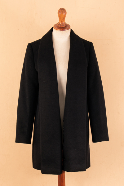 Alpaca blend coat, 'Elegance in Black' - Peruvian Alpaca Wool Blend Open Front Coat in Black