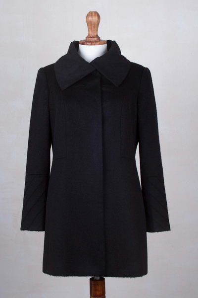 Baby alpaca blend coat, Diagonal Details in Black
