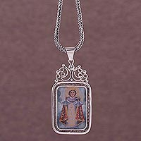 Sterling silver pendant necklace, 'Infant Jesus of Prague' - Sterling Silver Painted Religious Pendant Necklace from Peru