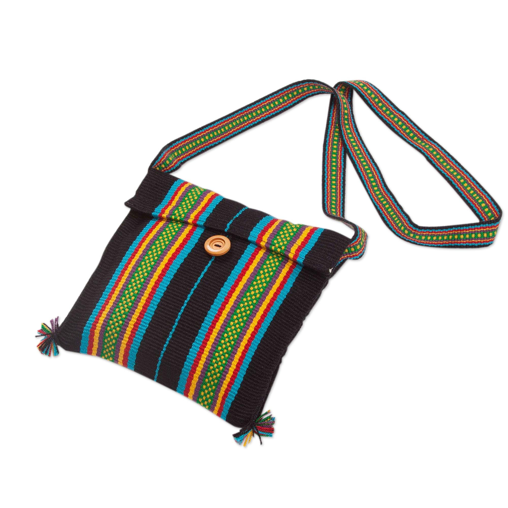 Handcrafted Black Striped Cotton Sling Bag Striped Fantasy In Black Novica 6311