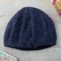 100% alpaca hat, 'Denim Softness' - Hand-Crocheted Alpaca Hat in Denim from Peru