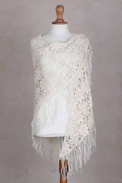 100% alpaca shawl, 'Ivory Angel' - Hand-Crocheted 100% Alpaca Floral Shawl in Ivory from Peru