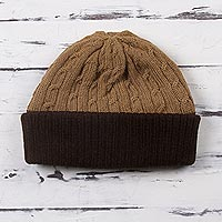Knit 100% Alpaca Hat in Tan and Mahogany from Peru,'Warm Braids in Tan'