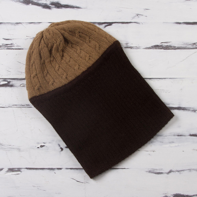 100% alpaca hat, 'Warm Braids in Tan' - Knit 100% Alpaca Hat in Tan and Mahogany from Peru