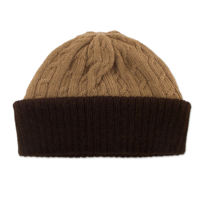 100% alpaca hat, 'Warm Braids in Tan' - Knit 100% Alpaca Hat in Tan and Mahogany from Peru