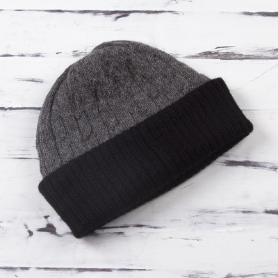 100% alpaca hat, 'Warm Braids in Smoke' - Knit 100% Alpaca Hat in Smoke and Black from Peru
