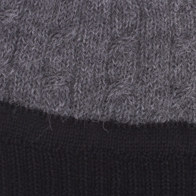 100% alpaca hat, 'Warm Braids in Smoke' - Knit 100% Alpaca Hat in Smoke and Black from Peru